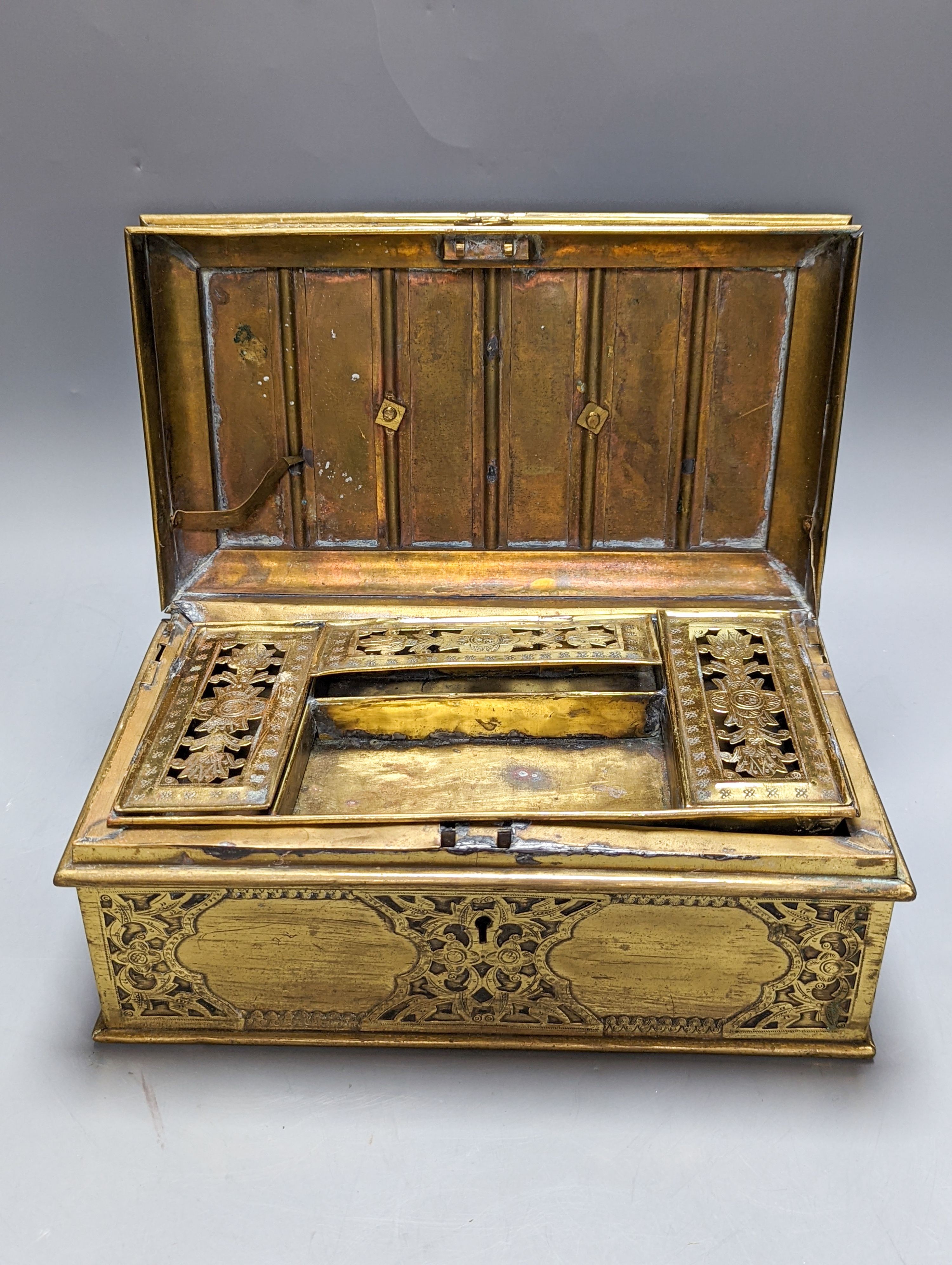 A Middle Eastern engraved brass box 30cm